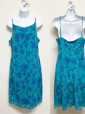 John Roberts Mermaidcore Blue Floral Shiny Iridescent Sequin Y2K 90s Slip Dress